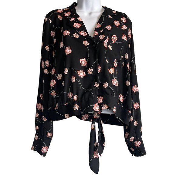 Who What Wear Tops - Who What Wear Womens Black Floral Cropped Button Up Tie Hem Blouse XL